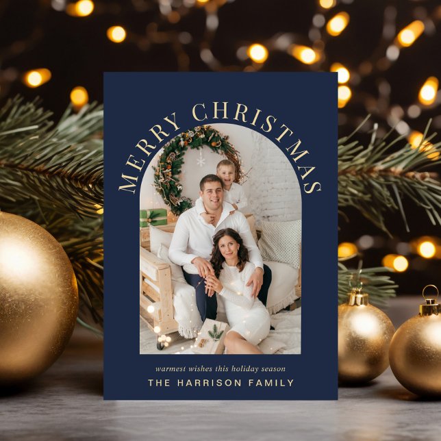 Cartão De Festividades Foto de Arch Elegante Azul de Natal Feliz (Share the love and warmth of the season with an elegant arch photo Christmas card)