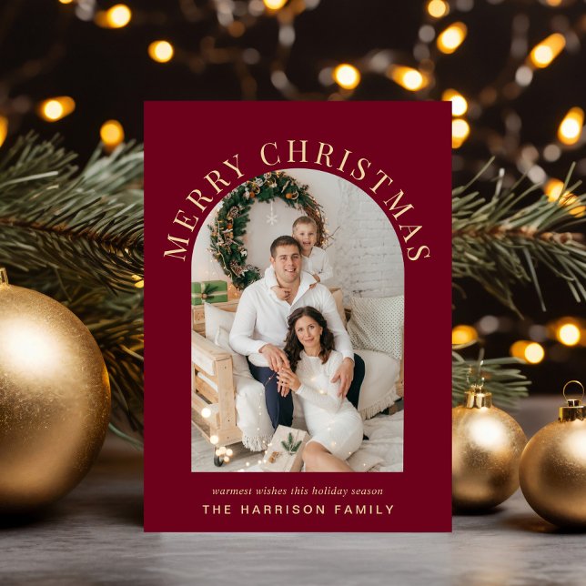 Cartão De Festividades Foto de Arch Elegante Feliz Natal Burgundy (Share the love and warmth of the season with an elegant arch photo Christmas card)