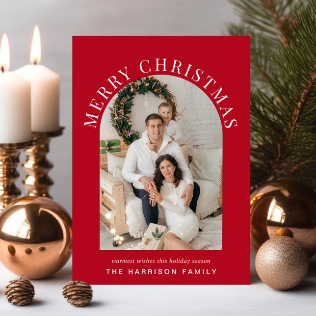 Cartão De Festividades Foto de Arch Elegante Feliz Natal Vermelho (Share the love and warmth of the season with an elegant arch photo Christmas card)