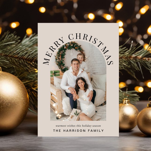 Cartão De Festividades Foto de Arch Elegante Feliz Taupe de Natal (Share the love and warmth of the season with an elegant arch photo Christmas card)