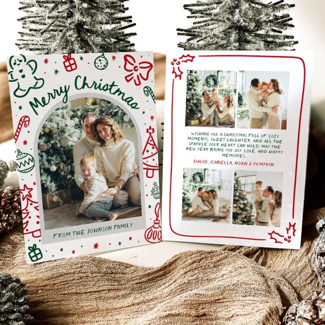 Cartão De Festividades Foto de Arco Desenhada à Mão Branca Feliz Natal (Whimsical Hand Drawn Arch Photo Merry Christmas Holiday Card)