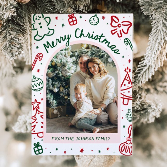 Cartão De Festividades Foto de Arco Desenhada à Mão Branca Feliz Natal (Whimsical Hand Drawn Arch Photo Merry Christmas Holiday Card)