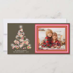 Cartão De Festividades Foto de Árvore de Natal nos círculos vermelhos ret