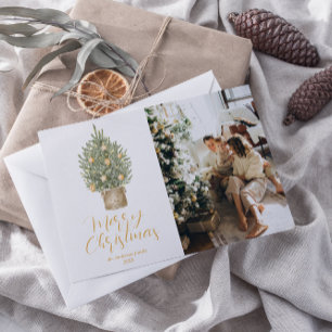 Cartão De Festividades Foto de Árvore Dourada de Aquarela Feliz Natal