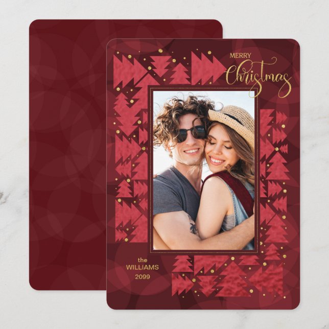 Cartão De Festividades Foto de Árvores de Feriado Vermelho de Feliz Natal (Frente/Verso)