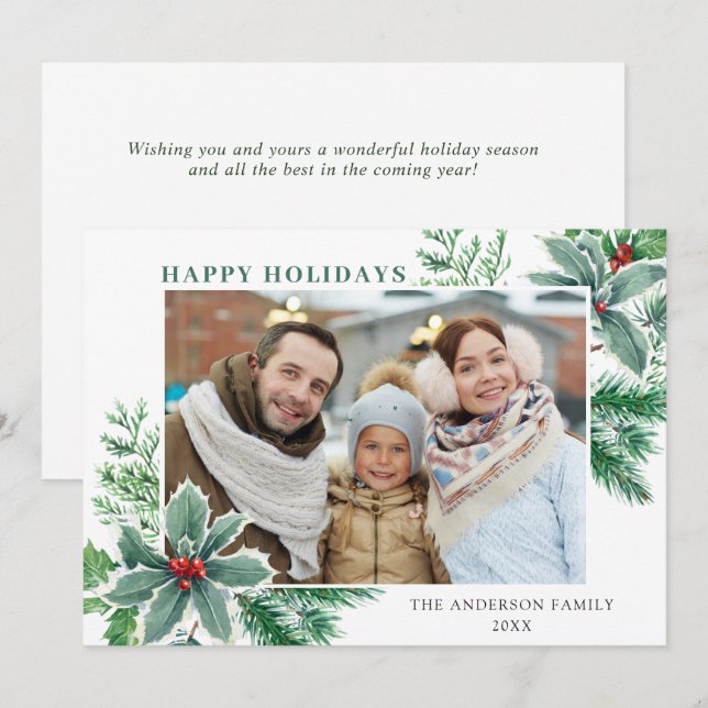 Cartão De Festividades Foto de Azevinho Festivo de Natal Saudação de Nata (Frente/Verso)