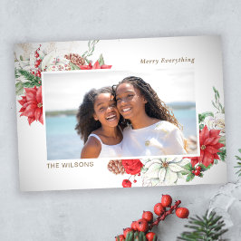 Cartão De Festividades Foto de Azevinho Frutas Poinsettias Pinhas