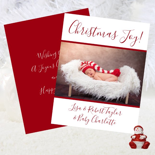 Cartão De Festividades Foto de Bebê Natal Alegria Com Nomes Vermelho (Baby Photo Christmas Joy With Names Red Holiday Card)
