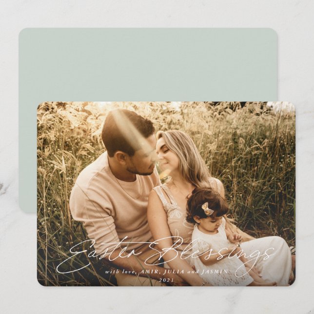 Cartão De Festividades Foto de benção de Páscoa de Script Elegante (Frente/Verso)