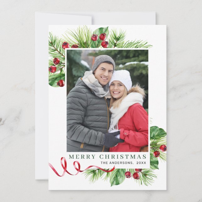 Cartão De Festividades Foto de Boas Festas de Natal com Folhas de Azevinh (Frente)