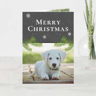Cartão De Festividades Foto de Cachorro Filhote Pinheiro Flocos de Neve F
