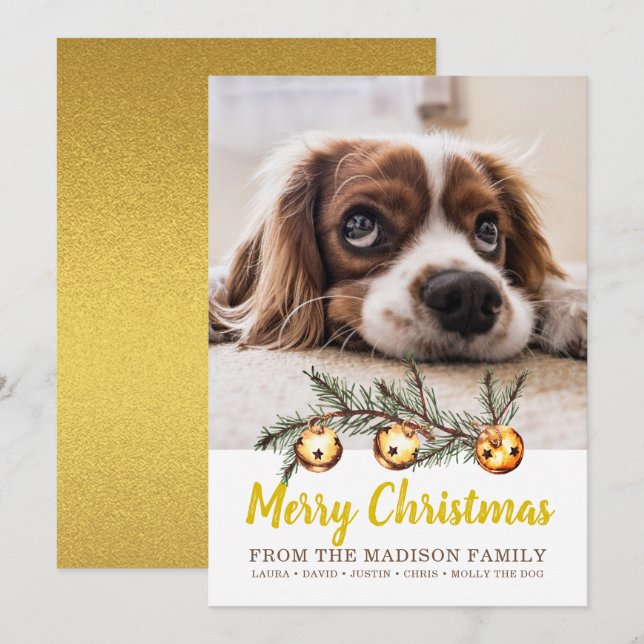 Cartão De Festividades Foto de Cão Feliz Natal Nome da Família Gold Foil (Frente/Verso)