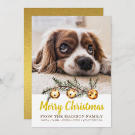 Cartão De Festividades Foto de Cão Feliz Natal Nome da Família Gold Foil