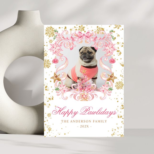 Cartão De Festividades Foto de Cão Feliz Pawlidays Rosa Arco Crest de Nat (Criador carregado)