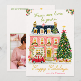 Cartão De Festividades Foto de Casa de Cidade em Aquarela Rosa Natal Feli