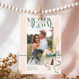 Cartão De Festividades Foto de casamento de Natal com laço verde Merry &