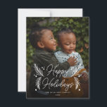 Cartão De Festividades Foto de Cheio Simples de Pine Berry<br><div class="desc">Completamente personalizável,  este cartão de na moda é simples e elegante. Apresentando sua foto com saudação em um roteiro e realces foliares de inverno desenhados à mão. O reverso apresenta uma segunda foto.</div>