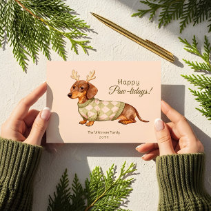 Cartão De Festividades Foto de Dachshund com Suéter de Natal Xadrez