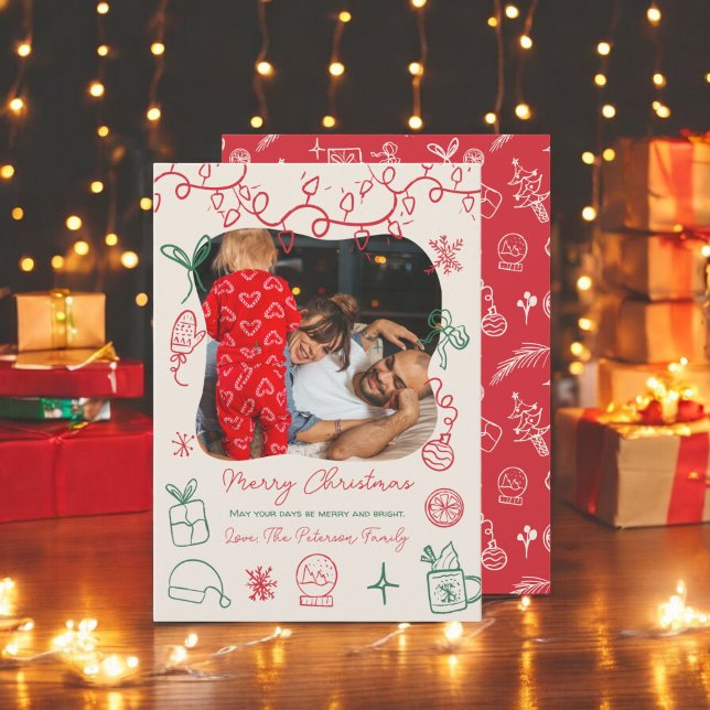 Cartão De Festividades Foto de diversão de ilustração verde Quirky (Quirky red green illustration fun photo Christmas Holiday Card)