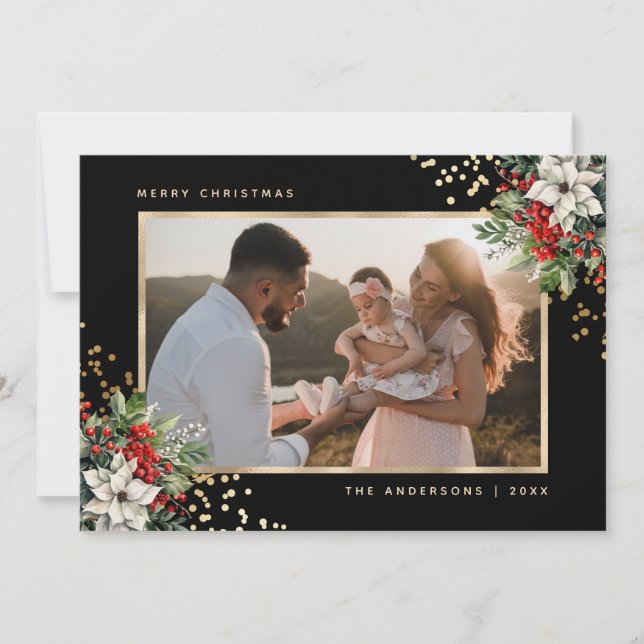 Cartão De Festividades Foto de Elegante Black Dourada Poinsettia Holly Be (Frente)
