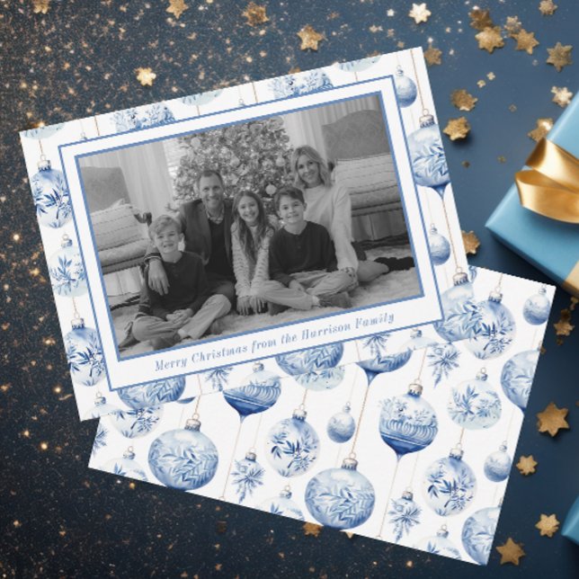 Cartão De Festividades Foto de Enfeites de natal Brancos e Azul Chinoiser (Criador carregado)
