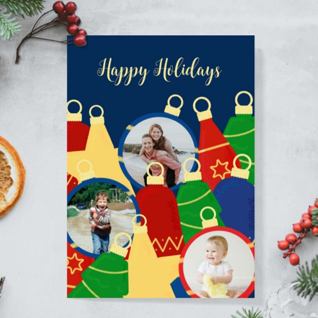 Cartão De Festividades Foto de Enfeites de natal Retroativos (Retro Christmas ornaments custom card with your photos. Personalize it with your text and images.)