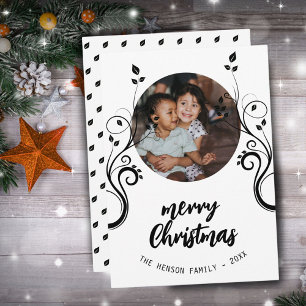Cartão De Festividades Foto de Família Adorável com Folhagem Preta Feliz