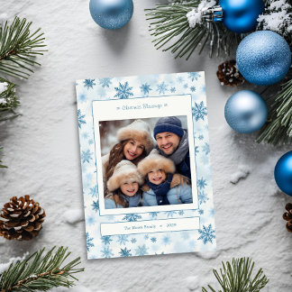 Cartão De Festividades Foto de Família com Floco de Neve Azul e Branco em