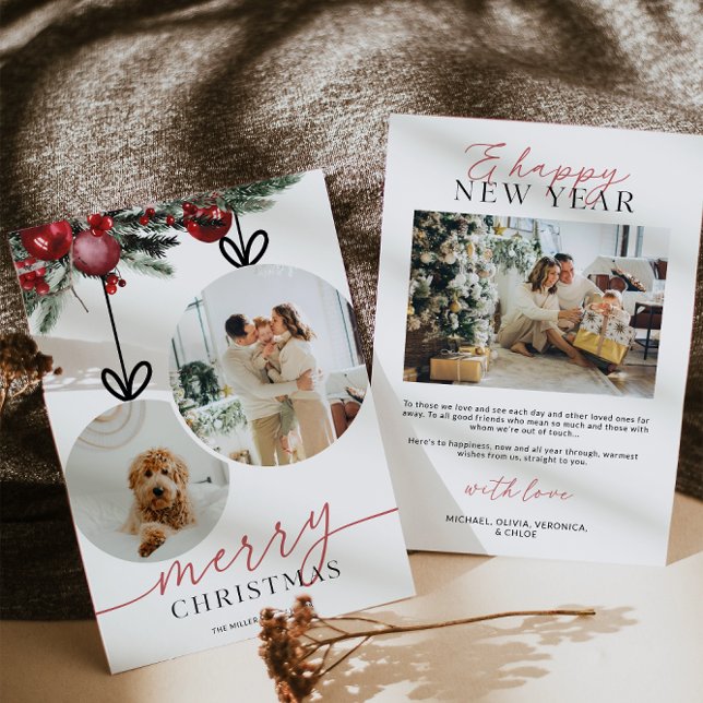 Cartão De Festividades Foto de Família com Folhagem em Aquarela Rústica (Rustic Watercolor Ornament Family Photo Christmas Card)