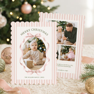 Cartão De Festividades Foto de Família com Laço Rosa Listras Natal
