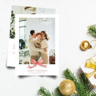 Cartão De Festividades Foto de Família com Laço Vermelho de Natal Feliz