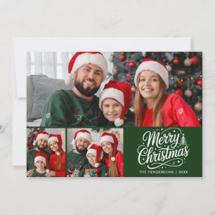 Cartão De Festividades Foto de Família com Letra Verde de Feliz Natal