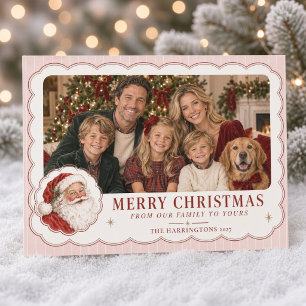 Cartão De Festividades Foto de Família com Listras Rosa do Papai Noel Vin