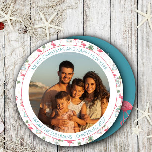 Cartão De Festividades Foto de Família de Flamingo Rosa no Natal Tropical