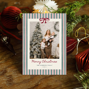 Cartão De Festividades Foto de família de Natal com Listras Vermelhas e V
