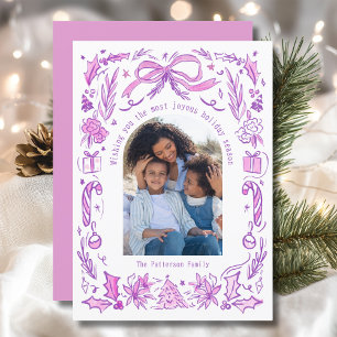 Cartão De Festividades Foto de Família de Natal Coquette Rosa Roxo Doodle