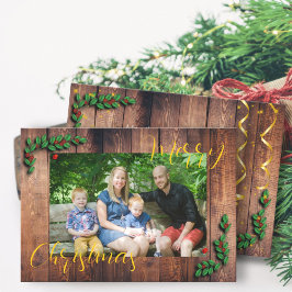Cartão De Festividades Foto de Família de Natal em Madeira Rústica 
