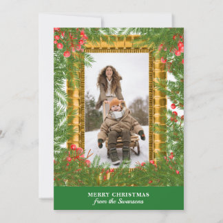 Cartão De Festividades Foto de Família de Natal em Moldura Dourada com Ga