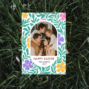 Cartão De Festividades Foto de família de Páscoa floral oval colorida ele