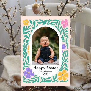 Cartão De Festividades Foto de família de Páscoa floral oval simples e el