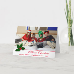 Cartão De Festividades Foto de Família do Natal com Folhas de Azevinho e 
