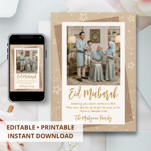 Cartão De Festividades Foto de Família Eid Mubarak Minimalista Lua e Estr