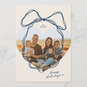 Cartão De Festividades Foto de Família em Coração com Laço Azul Minimalis