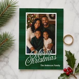 Cartão De Festividades Foto de Família em Xadrez Tartan Verde Clássico de