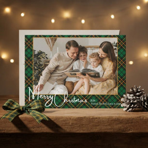 Cartão De Festividades Foto de Família em Xadrez Verde de Natal Tradicion