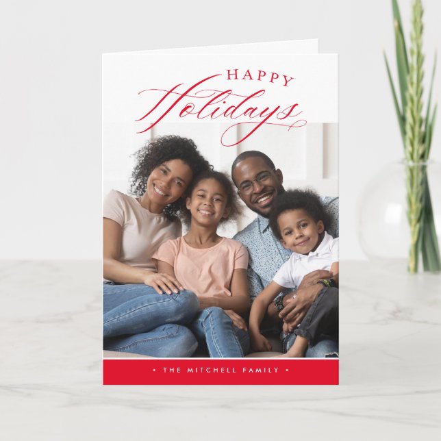 Cartão De Festividades FOTO DE FAMÍLIA Feliz Natal caligrafia fofa vermel (Frente)