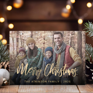 Cartão De Festividades Foto de Família Feliz Natal Dourado Script Bege