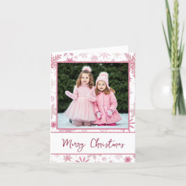 Cartão De Festividades Foto de Família Flocos de Neve Rosa Cumprimentos d