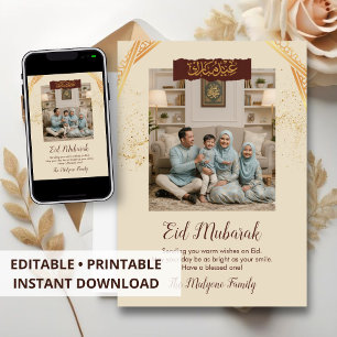 Cartão De Festividades Foto de Família Minimalista Creme e Dourado Eid Mu