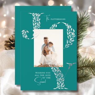 Cartão De Festividades Foto de Família Natal Alegria Floral Prata Ciano